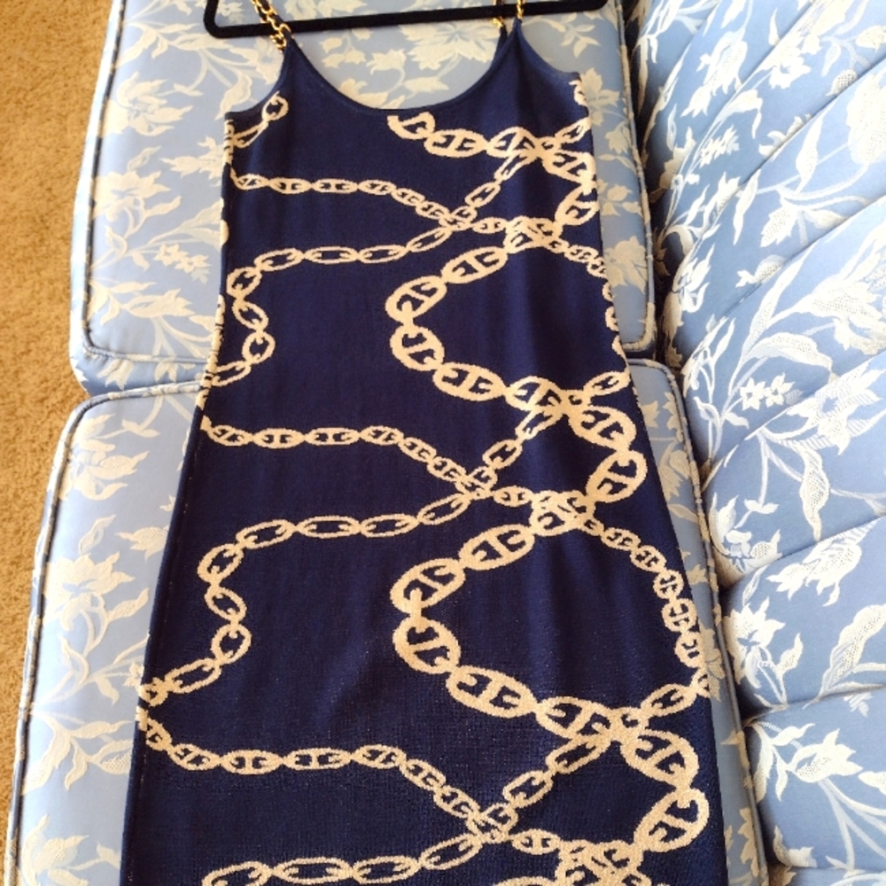 Navy & Gold Chain Jacquard Knit Tank Dress